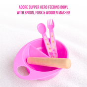Adore Supper Hero Feeding Bowl with Spoon, Fork & Wooden Masher- Pink