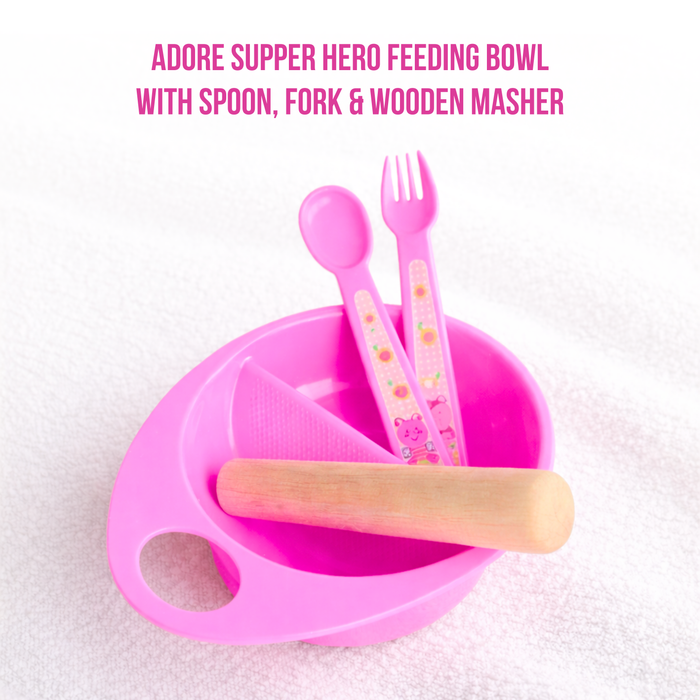 Adore Supper Hero Feeding Bowl with Spoon, Fork & Wooden Masher- Pink