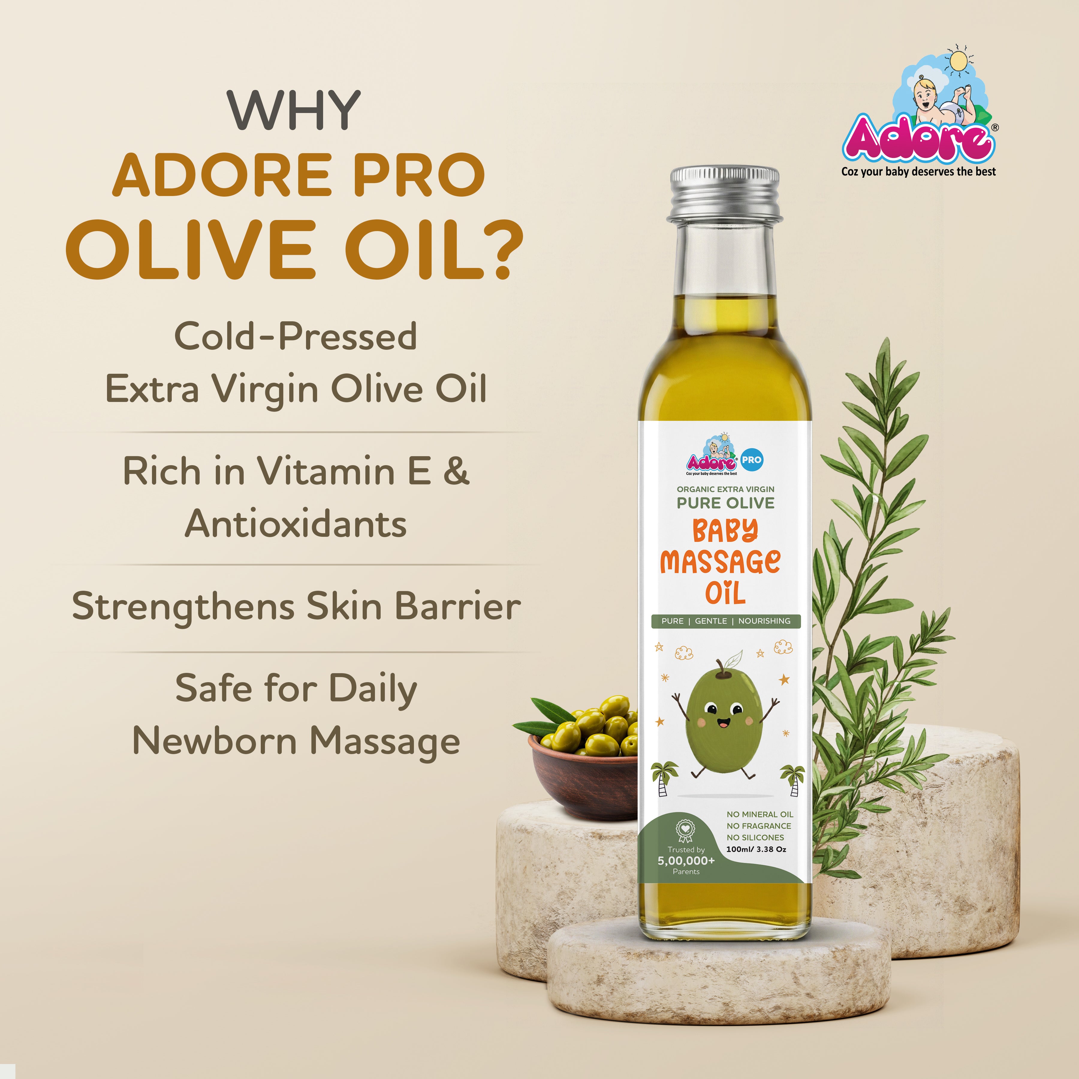 Adore Organic Extra Virgin Pure Olive Baby Massage Oil - Cold Pressed- Imported from Spain - Glass Bottle 100ml