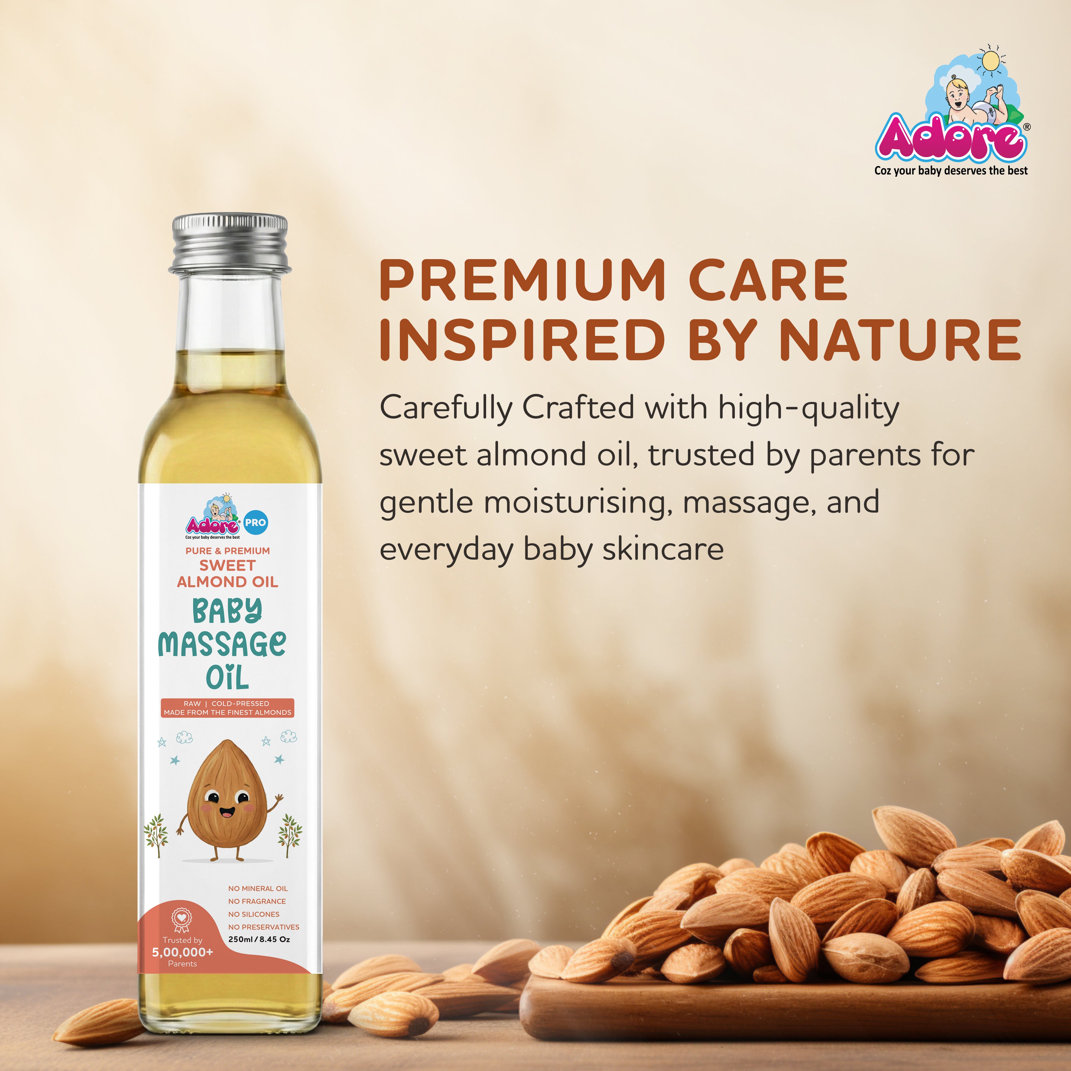 Adore Pure & Premium Sweet Almond Baby Oil- Cold Pressed - Glass Bottle- 250ml
