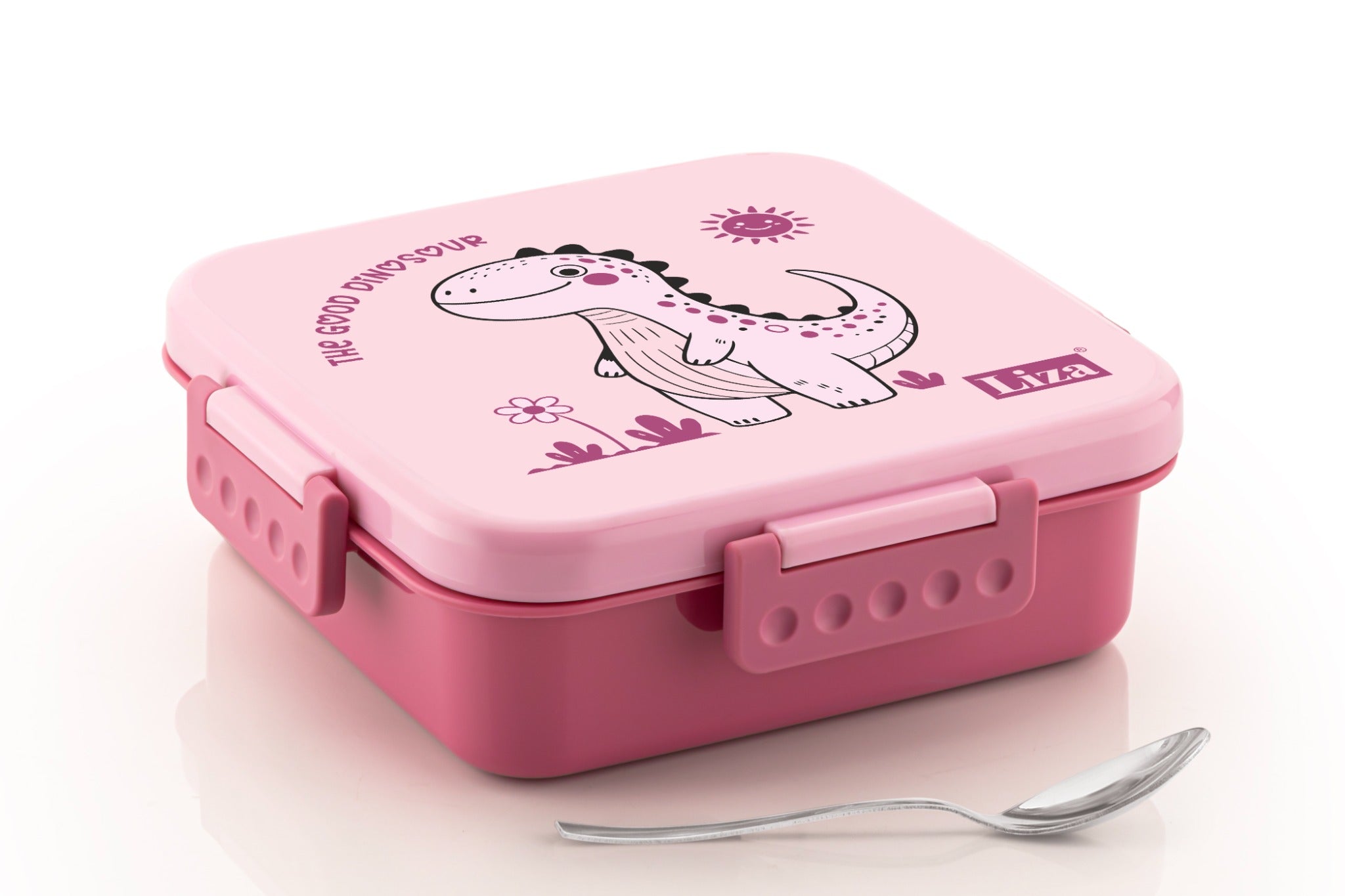 Adore Square Mate Stainless Steel Bento Lunch Box with 3 Compartments and Spoon- Pink Dino