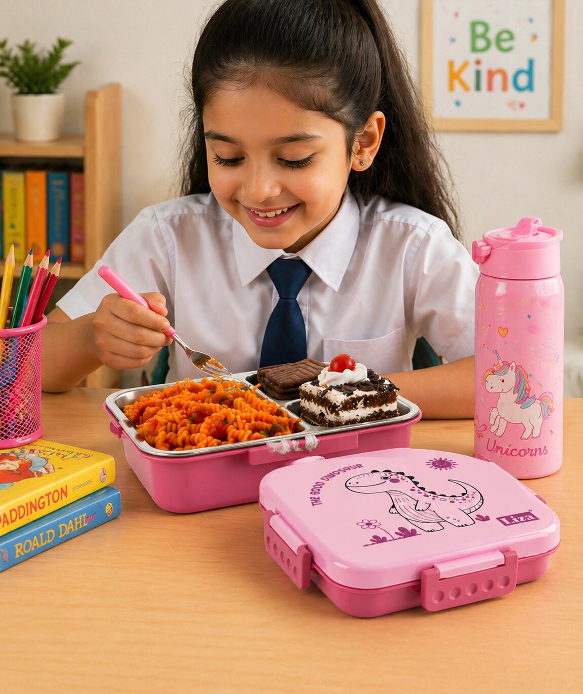 Adore Square Mate Stainless Steel Bento Lunch Box with 3 Compartments and Spoon- Pink Dino