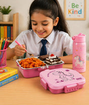 Adore Square Mate Stainless Steel Bento Lunch Box with 3 Compartments and Spoon- Pink Dino