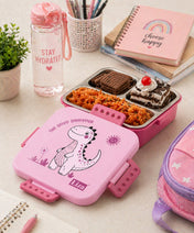Adore Square Mate Stainless Steel Bento Lunch Box with 3 Compartments and Spoon- Pink Dino