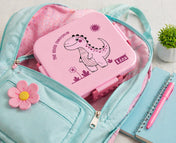 Adore Square Mate Stainless Steel Bento Lunch Box with 3 Compartments and Spoon- Pink Dino