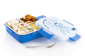 Adore Square Mate Stainless Steel Bento Lunch Box with 3 Compartment and Spoon- Blue Astronaut