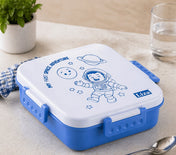Adore Square Mate Stainless Steel Bento Lunch Box with 3 Compartment and Spoon- Blue Astronaut