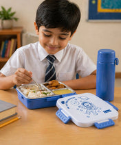 Adore Square Mate Stainless Steel Bento Lunch Box with 3 Compartment and Spoon- Blue Astronaut