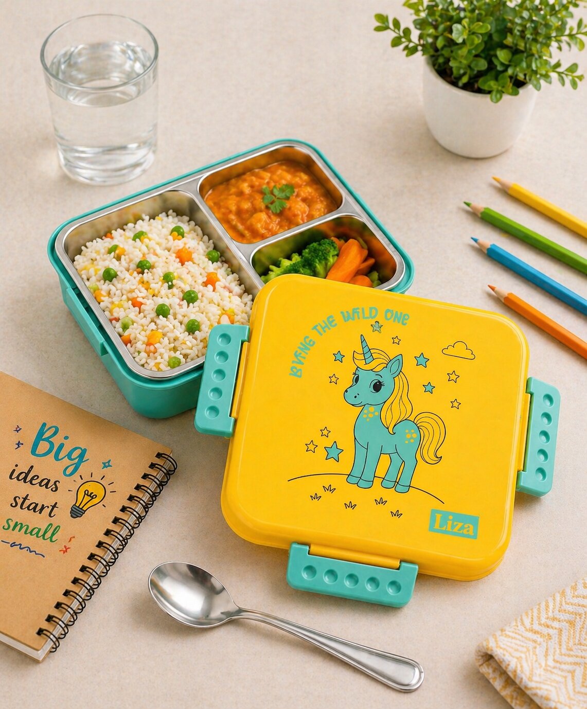 Adore Square Mate Stainless Steel Bento Lunch Box with 3 Compartments and Spoon- Yellow Unicorn