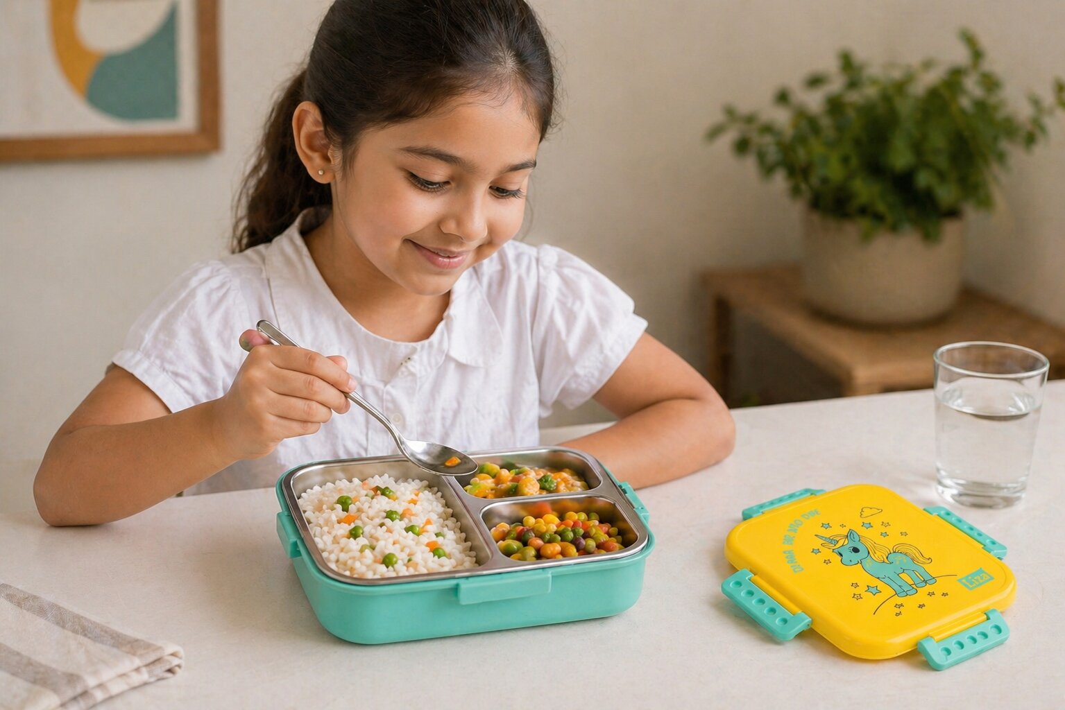 Adore Square Mate Stainless Steel Bento Lunch Box with 3 Compartments and Spoon- Yellow Unicorn