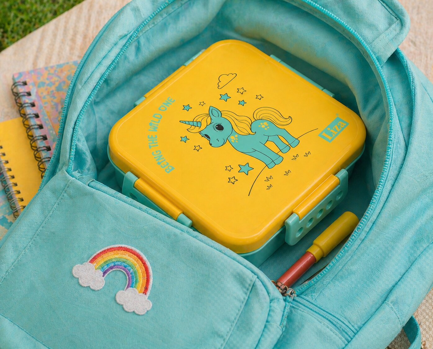 Adore Square Mate Stainless Steel Bento Lunch Box with 3 Compartments and Spoon- Yellow Unicorn