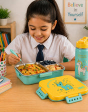 Adore Square Mate Stainless Steel Bento Lunch Box with 3 Compartments and Spoon- Yellow Unicorn