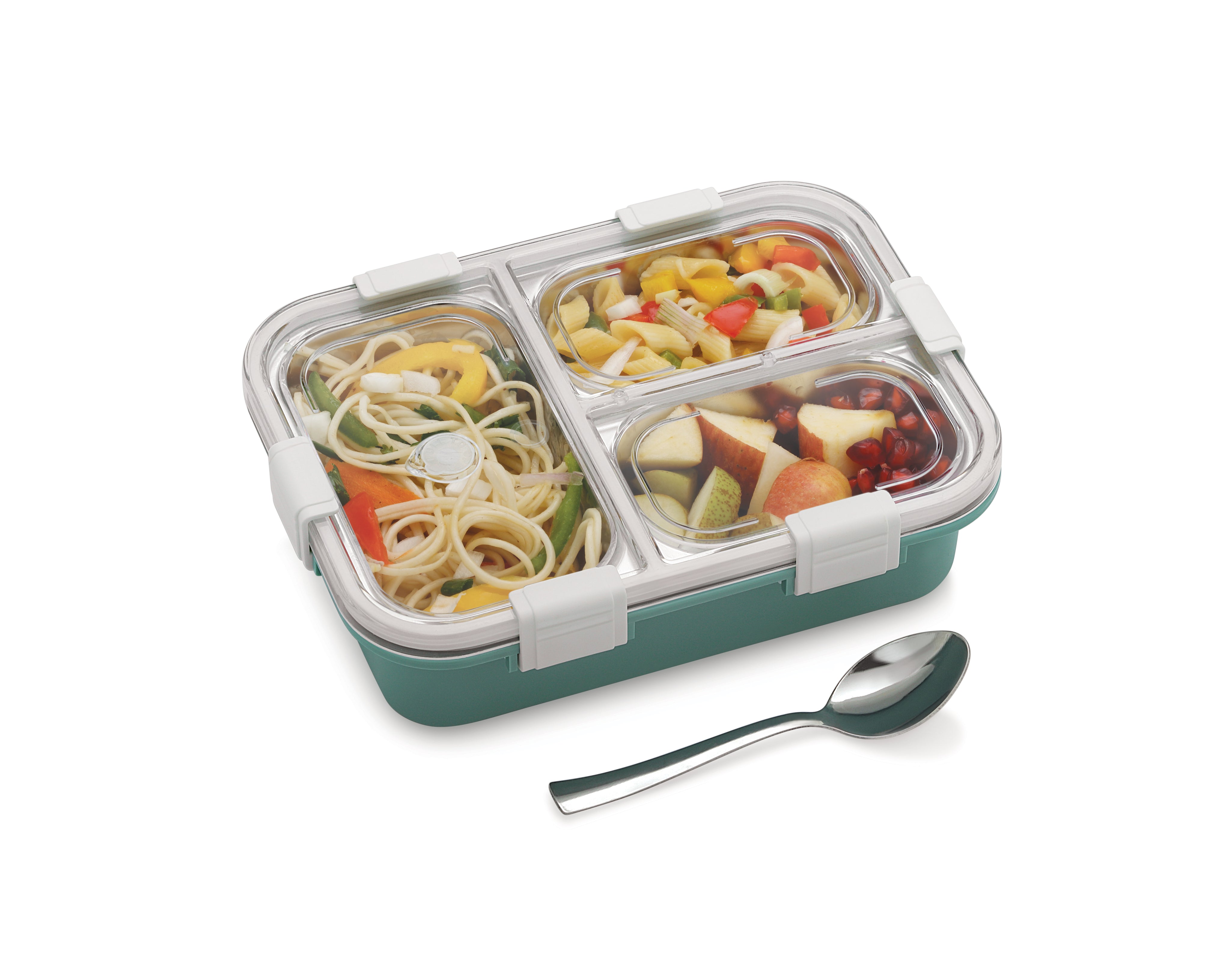 Adore Smart Meal 3 Stainless Steel Bento Insulated Lunch Box with 3 Compartments and Spoon- Green