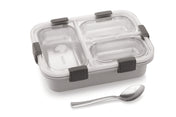 Adore Smart Meal 3 Stainless Steel Bento Insulated Lunch Box with 3 Compartments and Spoon- Grey