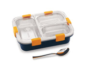 Adore Smart Meal 3 Stainless Steel Bento Insulated Lunch Box with 3 Compartments and Spoon- Blue