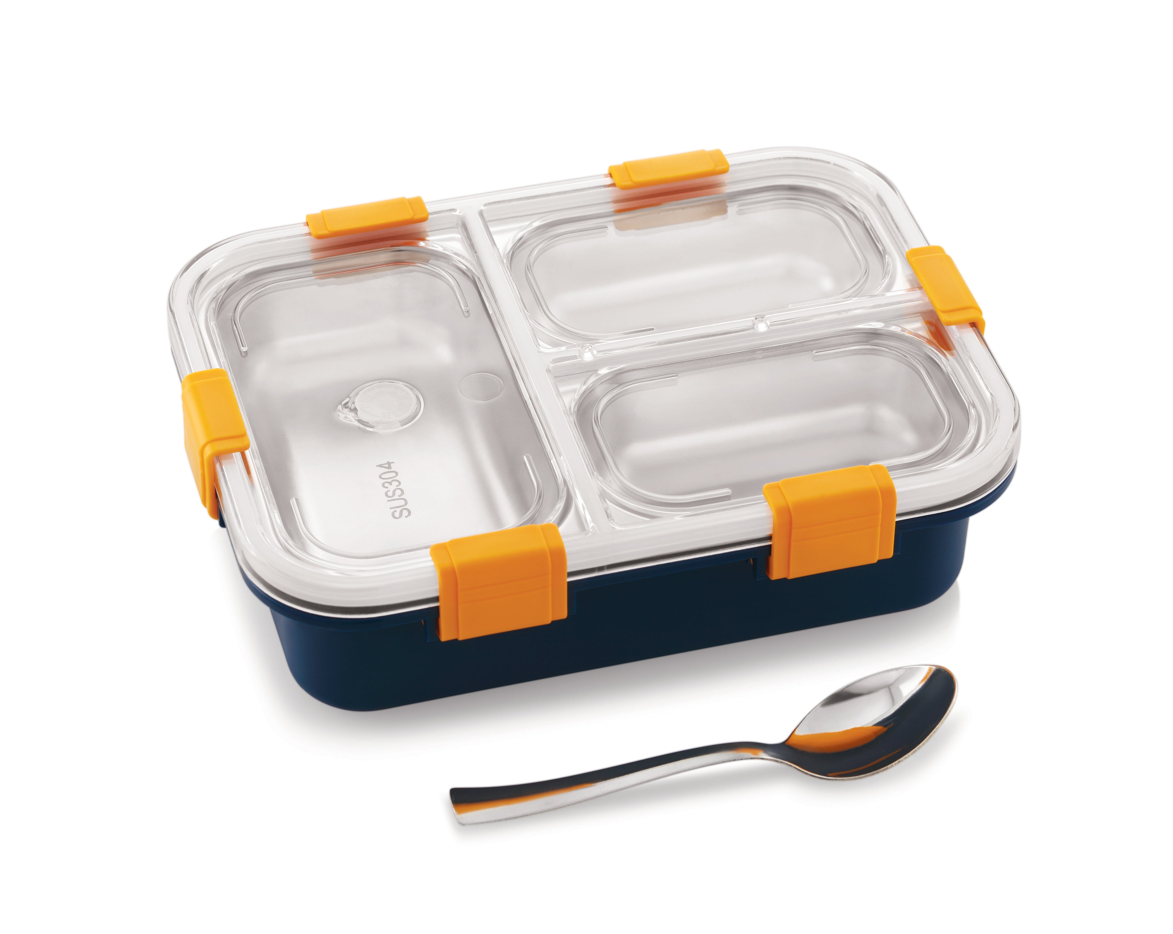 Adore Smart Meal 3 Stainless Steel Bento Insulated Lunch Box with 3 Compartments and Spoon- Blue