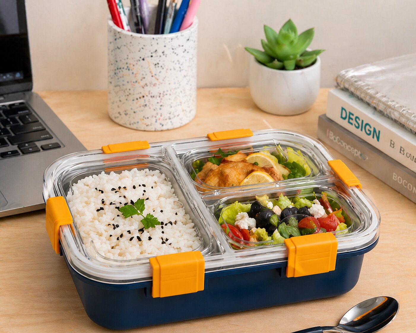 Adore Smart Meal 3 Stainless Steel Bento Insulated Lunch Box with 3 Compartments and Spoon- Blue