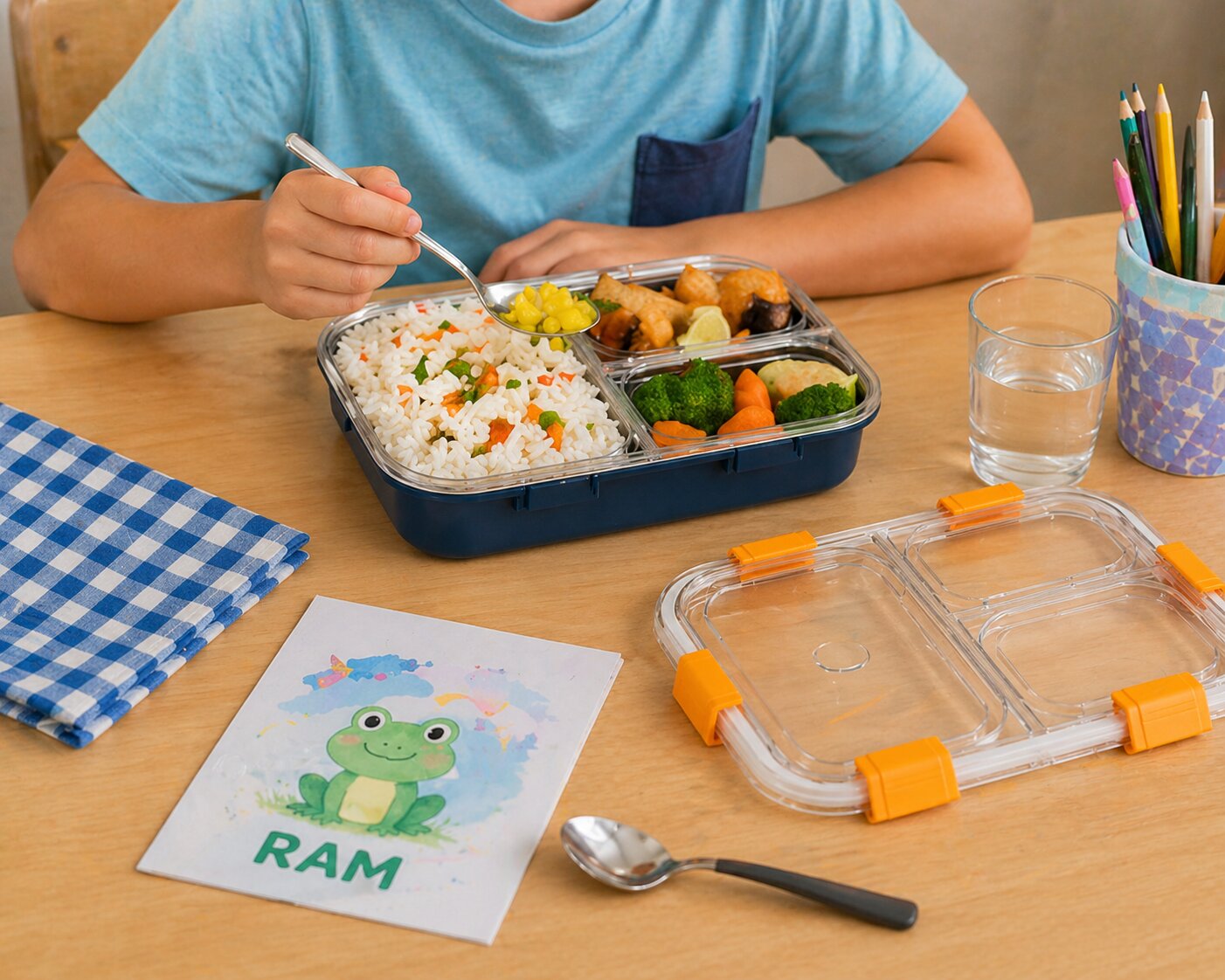 Adore Smart Meal 3 Stainless Steel Bento Insulated Lunch Box with 3 Compartments and Spoon- Blue