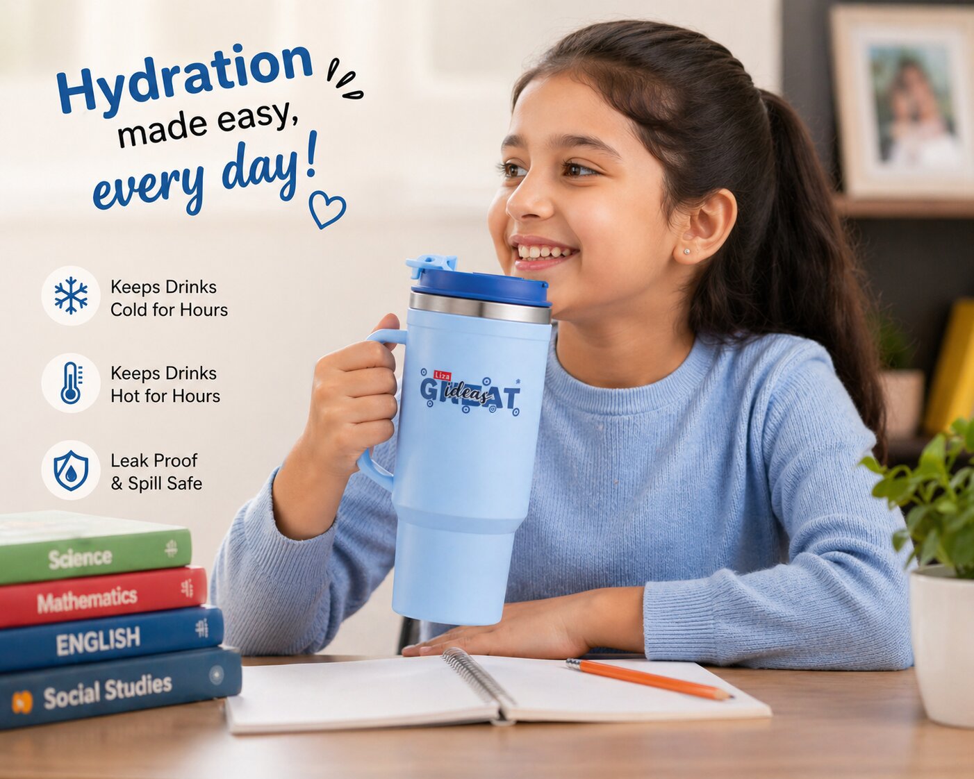 Adore Hydrate Pro Insulated Thermoware Drinking Tumbler Bottle with Handle-750ml-Blue