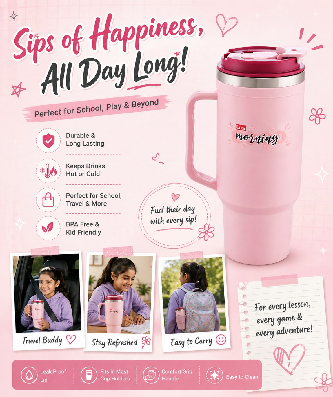Adore Hydrate Pro Insulated Thermoware Drinking Tumbler Bottle with Handle-750ml-Pink
