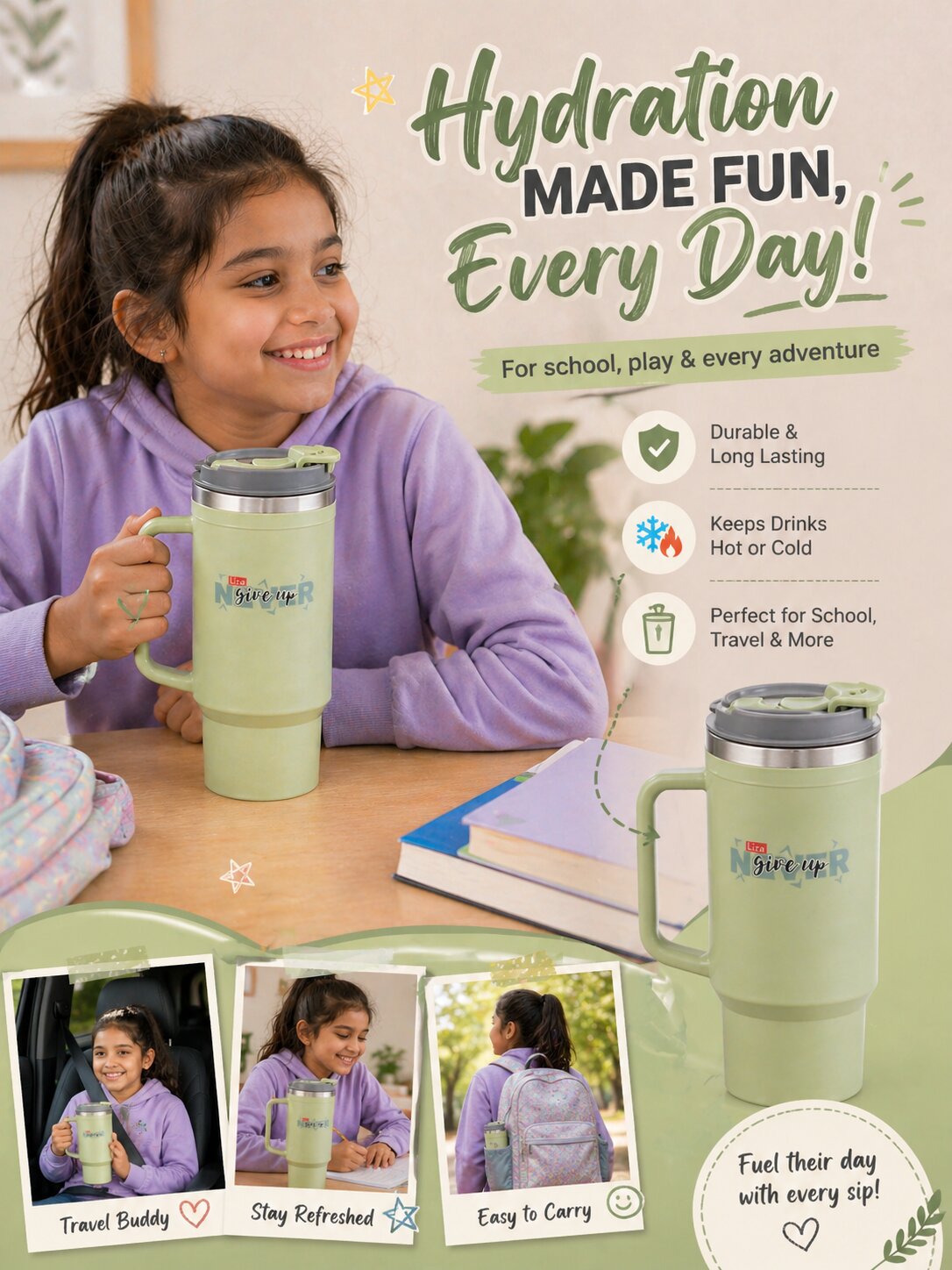 Adore Hydrate Pro Insulated Thermoware Drinking Tumbler Bottle with Handle-750ml-Militery Green