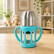 Adore PureSip 2 Stage Wideneck Glass Feeding Bottle with Silicon sleeve & Handle- 150ml (Sky Blue)
