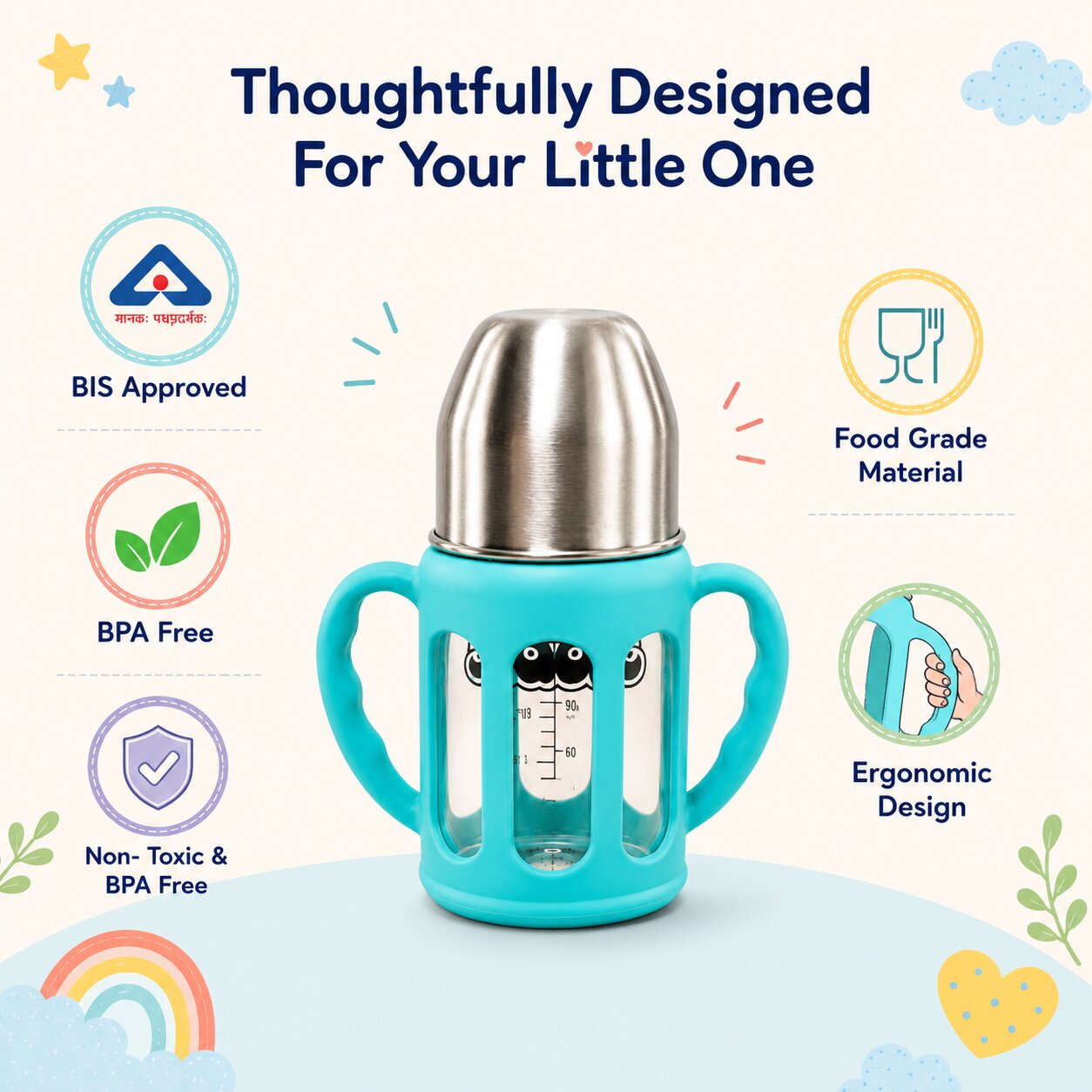 Adore PureSip 2 Stage Wideneck Glass Feeding Bottle with Silicon sleeve & Handle- 150ml (Sky Blue)