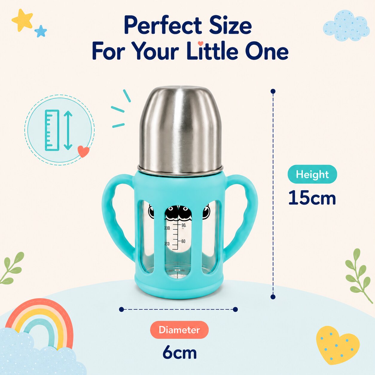Adore PureSip 2 Stage Wideneck Glass Feeding Bottle with Silicon sleeve & Handle- 150ml (Sky Blue)