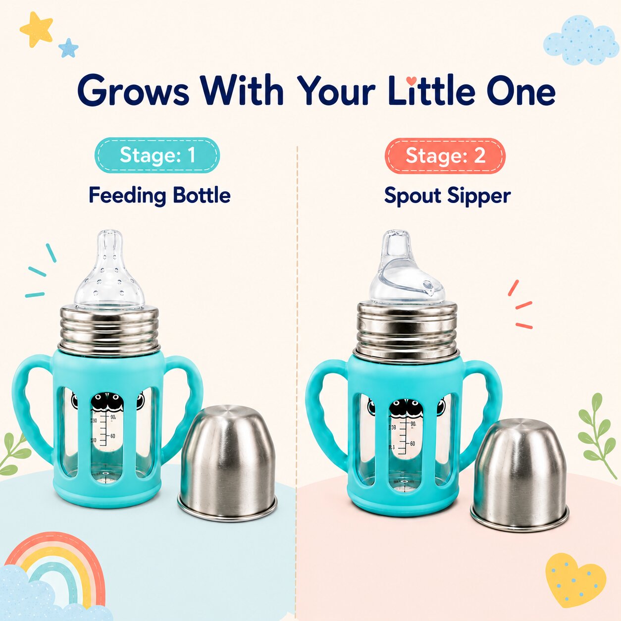 Adore PureSip 2 Stage Wideneck Glass Feeding Bottle with Silicon sleeve & Handle- 150ml (Sky Blue)