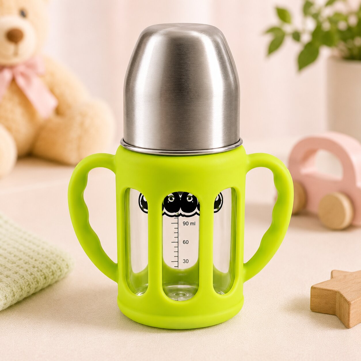 Adore PureSip 2 Stage Wideneck Glass Feeding Bottle with Silicon sleeve & Handle- 150ml (Parrot Green)