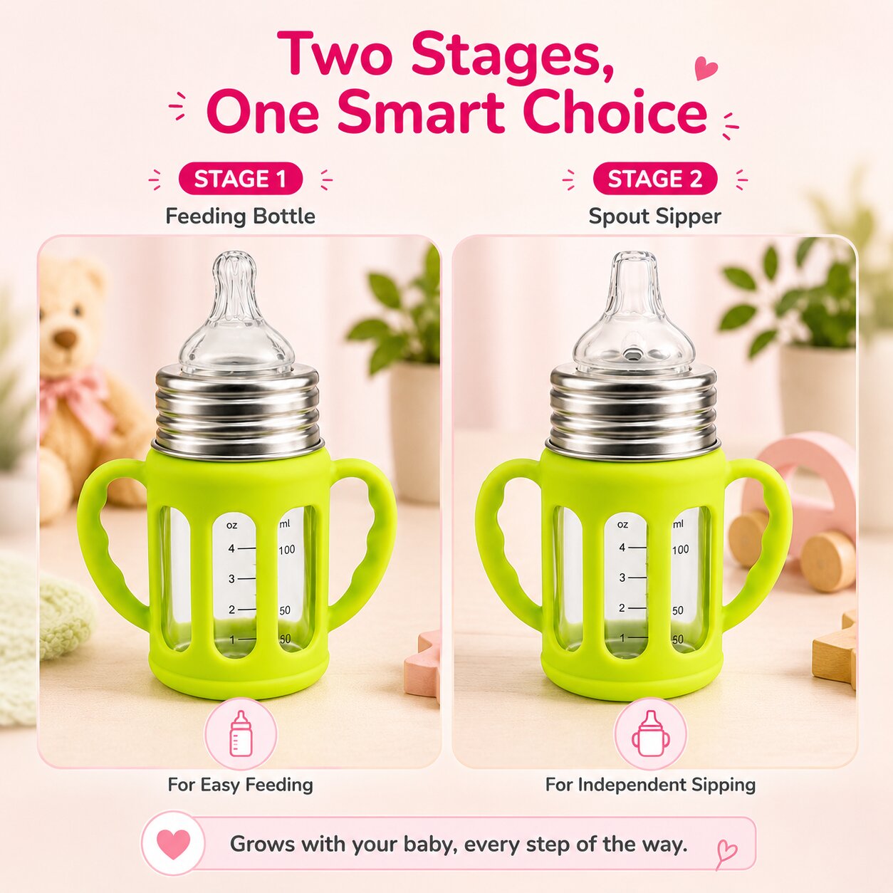 Adore PureSip 2 Stage Wideneck Glass Feeding Bottle with Silicon sleeve & Handle- 150ml (Parrot Green)