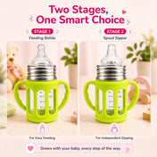 Adore PureSip 2 Stage Wideneck Glass Feeding Bottle with Silicon sleeve & Handle- 150ml (Parrot Green)