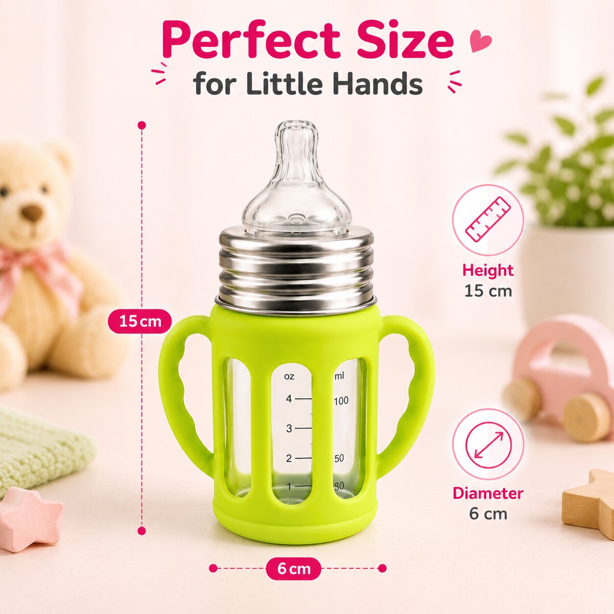 Adore PureSip 2 Stage Wideneck Glass Feeding Bottle with Silicon sleeve & Handle- 150ml (Parrot Green)