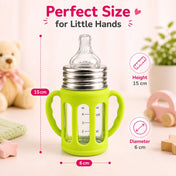 Adore PureSip 2 Stage Wideneck Glass Feeding Bottle with Silicon sleeve & Handle- 150ml (Parrot Green)