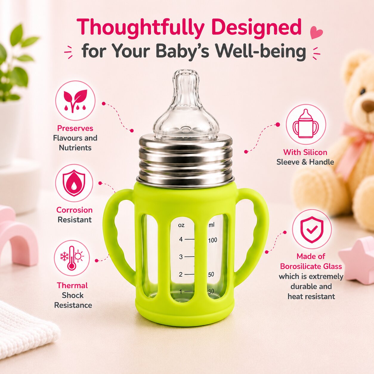 Adore PureSip 2 Stage Wideneck Glass Feeding Bottle with Silicon sleeve & Handle- 150ml (Parrot Green)