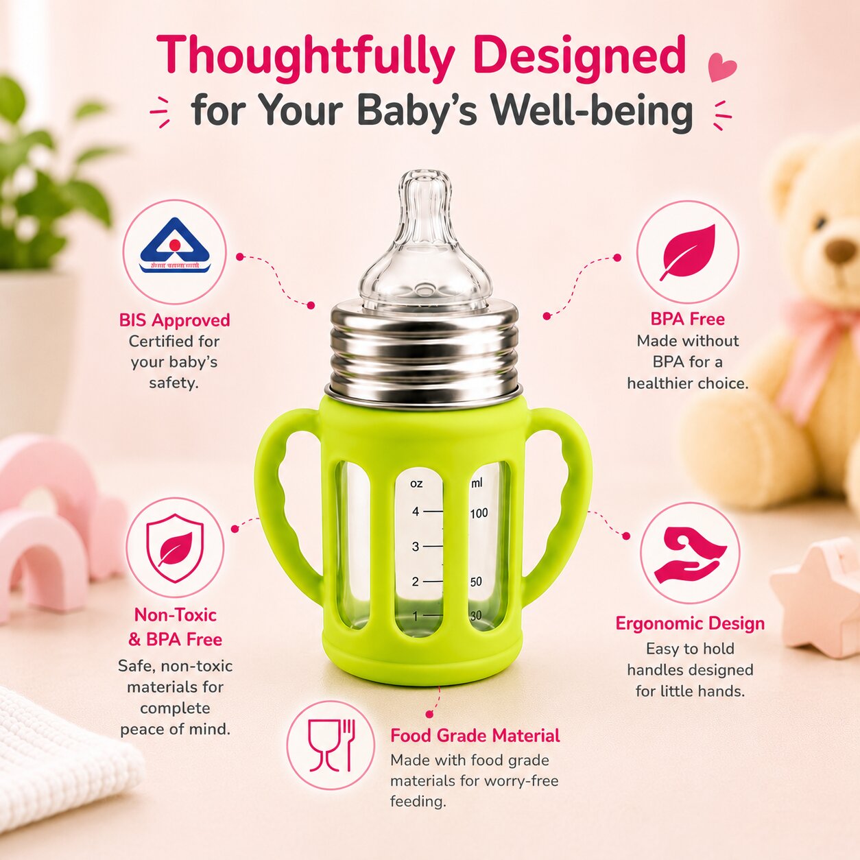 Adore PureSip 2 Stage Wideneck Glass Feeding Bottle with Silicon sleeve & Handle- 150ml (Parrot Green)