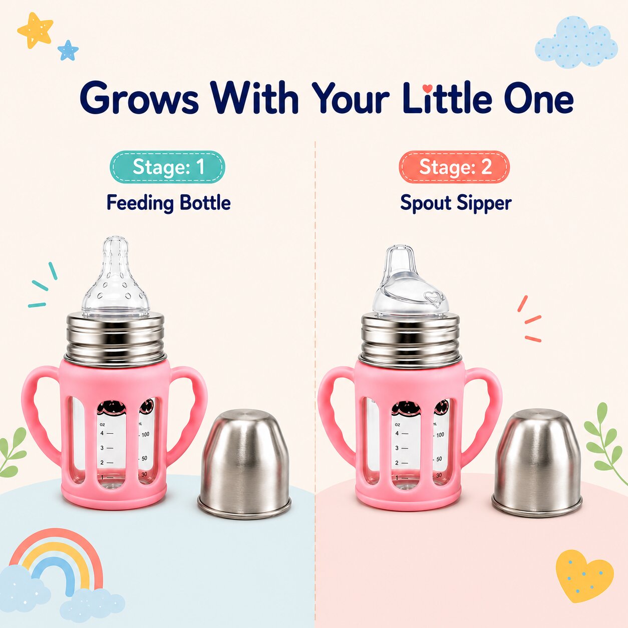 Adore PureSip 2 Stage Wideneck Glass Feeding Bottle with Silicon sleeve & Handle- 150ml (Light Pink)