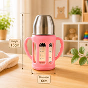 Adore PureSip 2 Stage Wideneck Glass Feeding Bottle with Silicon sleeve & Handle- 150ml (Light Pink)