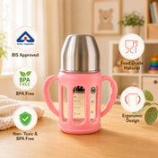 Adore PureSip 2 Stage Wideneck Glass Feeding Bottle with Silicon sleeve & Handle- 150ml (Light Pink)