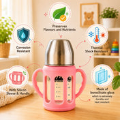 Adore PureSip 2 Stage Wideneck Glass Feeding Bottle with Silicon sleeve & Handle- 150ml (Light Pink)