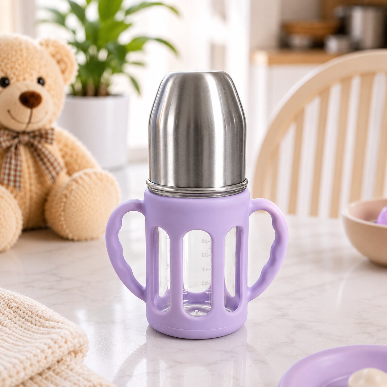 Adore PureSip 2 Stage Wideneck Glass Feeding Bottle with Silicon sleeve & Handle- 150ml (Lilac)