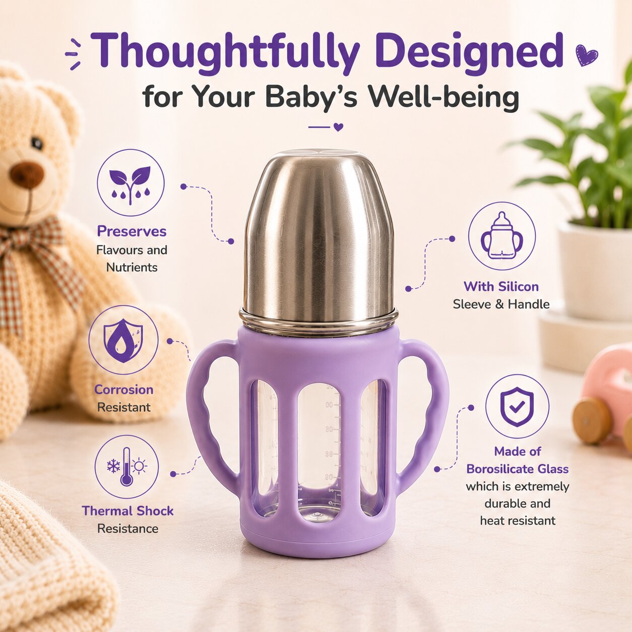 Adore PureSip 2 Stage Wideneck Glass Feeding Bottle with Silicon sleeve & Handle- 150ml (Lilac)