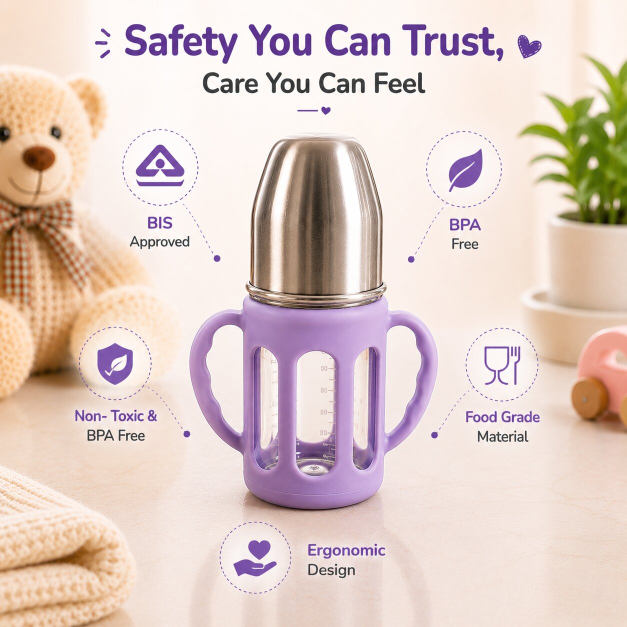 Adore PureSip 2 Stage Wideneck Glass Feeding Bottle with Silicon sleeve & Handle- 150ml (Lilac)