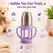 Adore PureSip 2 Stage Wideneck Glass Feeding Bottle with Silicon sleeve & Handle- 150ml (Lilac)
