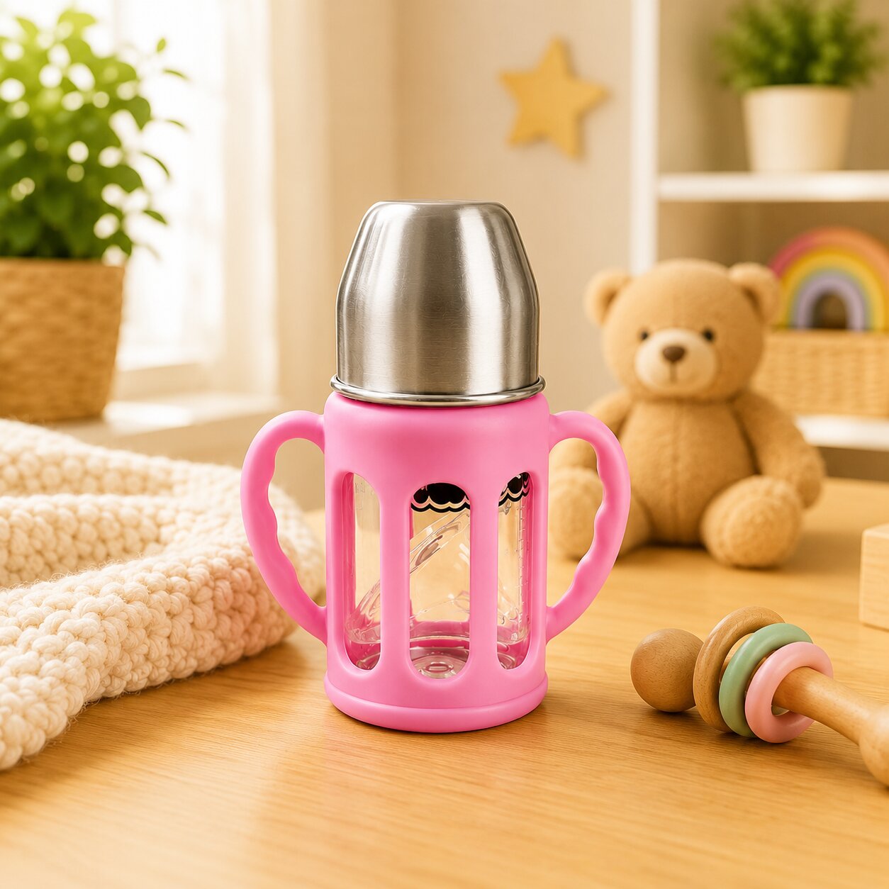 Adore PureSip 2 Stage Wideneck Glass Feeding Bottle with Silicon sleeve & Handle- 150ml (Baby Pink)