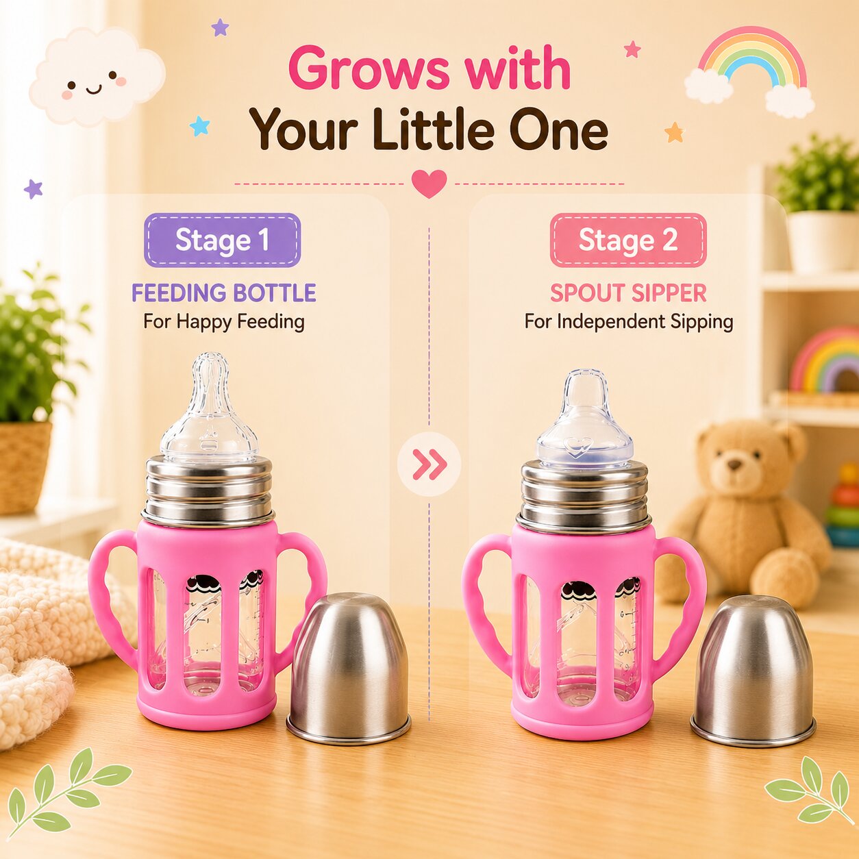 Adore PureSip 2 Stage Wideneck Glass Feeding Bottle with Silicon sleeve & Handle- 150ml (Baby Pink)