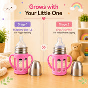 Adore PureSip 2 Stage Wideneck Glass Feeding Bottle with Silicon sleeve & Handle- 150ml (Baby Pink)