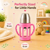 Adore PureSip 2 Stage Wideneck Glass Feeding Bottle with Silicon sleeve & Handle- 150ml (Baby Pink)