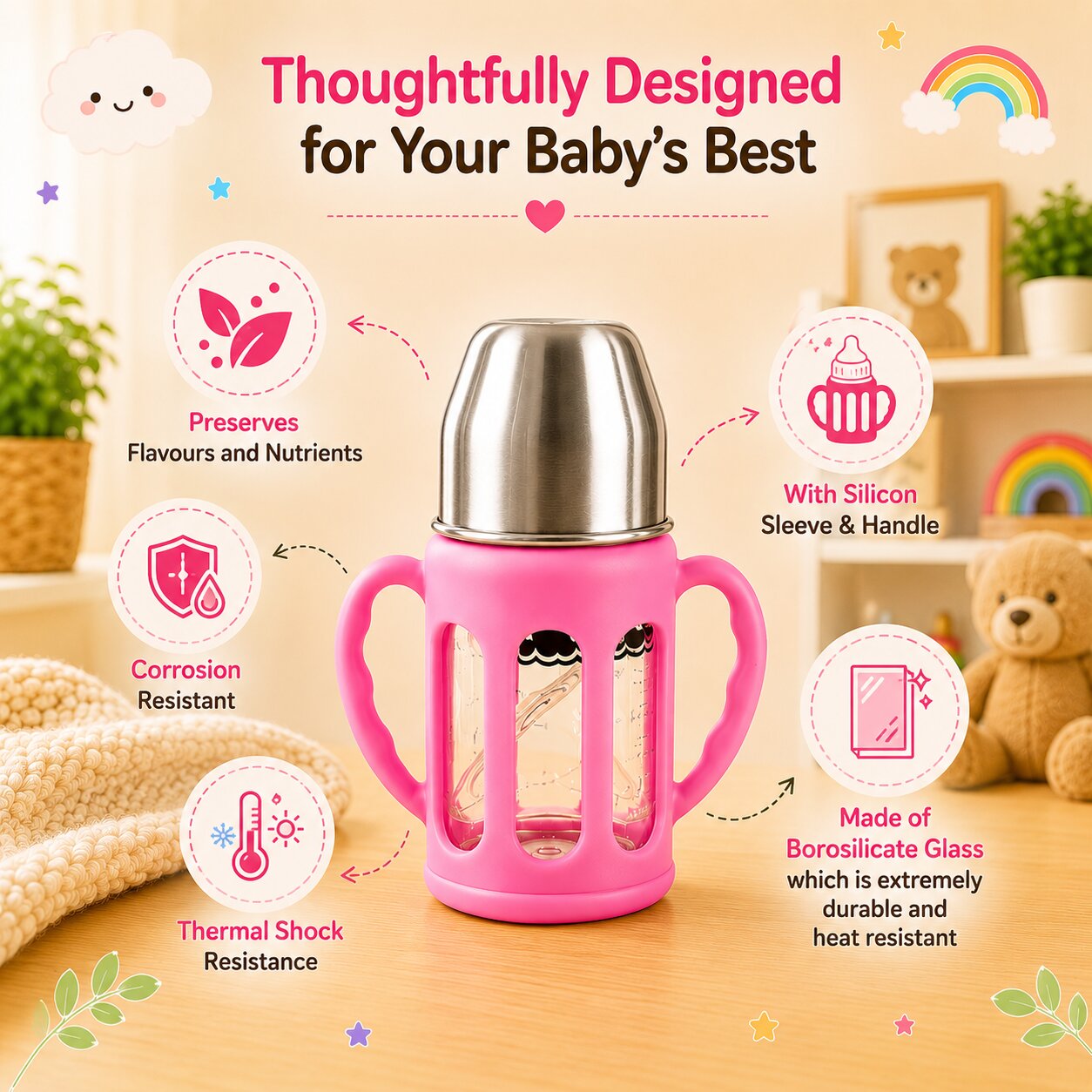 Adore PureSip 2 Stage Wideneck Glass Feeding Bottle with Silicon sleeve & Handle- 150ml (Baby Pink)