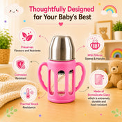 Adore PureSip 2 Stage Wideneck Glass Feeding Bottle with Silicon sleeve & Handle- 150ml (Baby Pink)